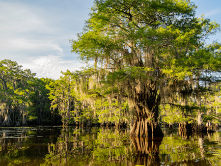 Sunny view of many bald cypress in Caddo Lake State Park at Texasの写真素材