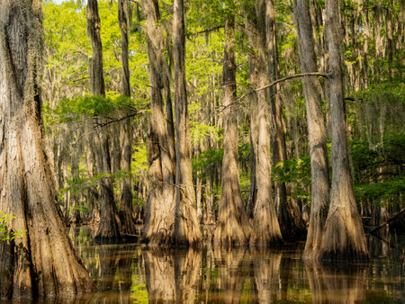 Sunny view of many bald cypress in Caddo Lake State Park at Texasの写真素材