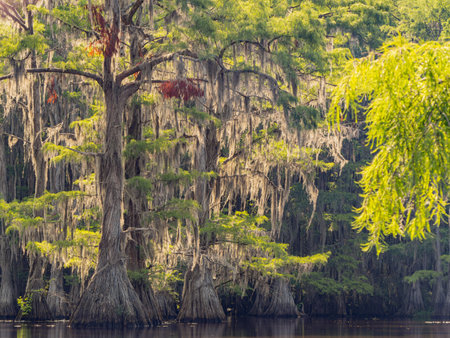 Sunny view of many bald cypress in Caddo Lake State Park at Texasの写真素材