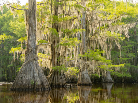 Sunny view of many bald cypress in Caddo Lake State Park at Texasの写真素材