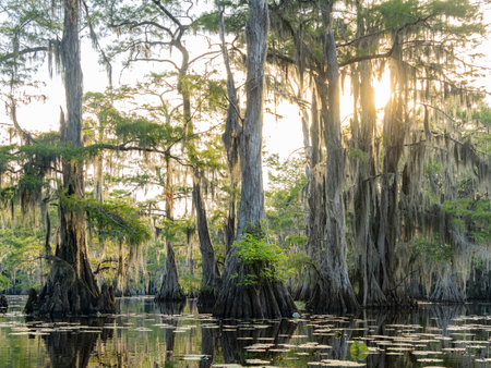 Sunny view of many bald cypress in Caddo Lake State Park at Texasの写真素材