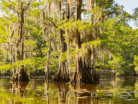 Sunny view of many bald cypress in Caddo Lake State Park at Texasの写真素材
