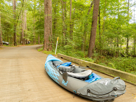 Texas, JUL 1 2023 - Kayak on ground in Caddo Lake State Parkのeditorial素材