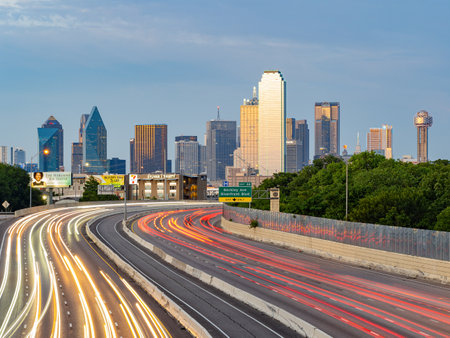 Texas, JUL 2 2023 - Sunset Dallas skyline with highwayのeditorial素材