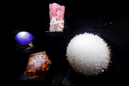 Texas, JUL 3 2023 - Close up shot ort mineral display in the Perot Museum of Nature and Scienceのeditorial素材