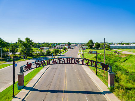 Oklahoma, AUG 16 2023 - Aerial view of sign of Stockyards Cityのeditorial素材