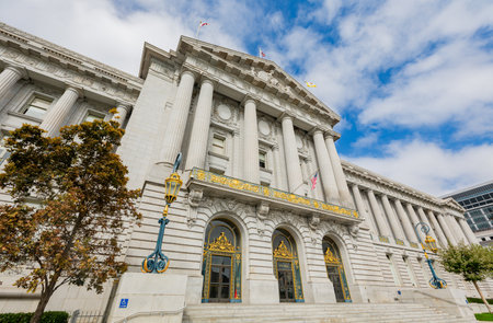 Sunny view of The San Francisco City Hall with cityscape at Californiaの写真素材