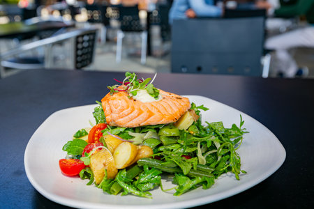 Close up shot of salmon Salad at San Francisco, Californiaの写真素材