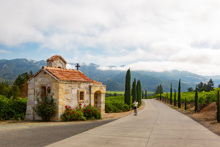 Sunny exterior view of the Castello di Amorosa winery at Californiaの写真素材