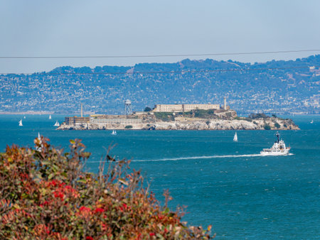 Sunny view of the building of Alcatraz Island at San Francisco, Californiaの写真素材