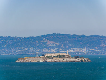 Sunny view of the building of Alcatraz Island at San Francisco, Californiaの写真素材