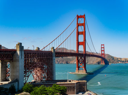 Sunny view of The Golden Gate Bridge at San Francisco, Californiaの写真素材
