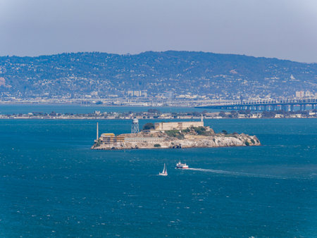 Sunny view of the building of Alcatraz Island at San Francisco, Californiaの写真素材