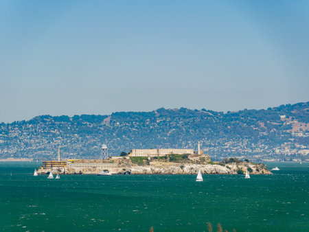 Sunny view of the building of Alcatraz Island at San Francisco, Californiaの写真素材