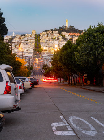Sunny view of the Coit Tower at San Francisco, Californiaの写真素材