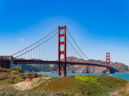 Sunny view of The Golden Gate Bridge at San Francisco, Californiaの写真素材