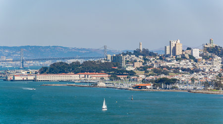 Sunny view of the cityscape, skyline with San Francisco Bay at San Francisco, Californiaの写真素材