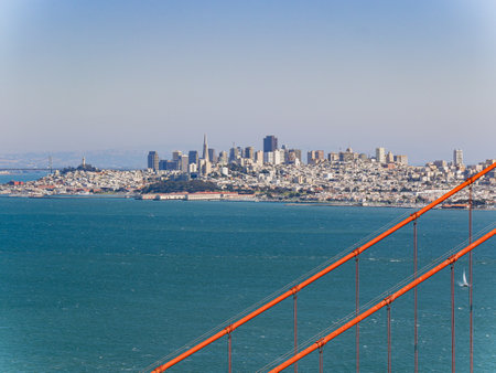 Sunny view of The Golden Gate Bridge at San Francisco, Californiaの写真素材