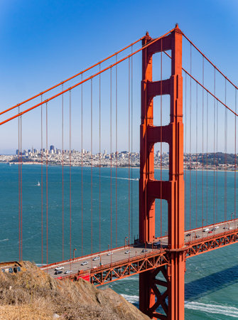 Sunny view of The Golden Gate Bridge at San Francisco, Californiaの写真素材