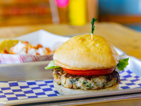 Close up shot of a burger at San Francisco, Californiaの写真素材