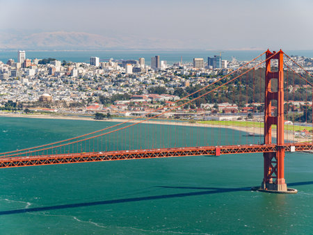 Sunny view of The Golden Gate Bridge at San Francisco, Californiaの写真素材
