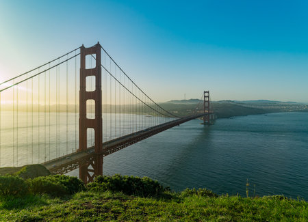 Sunrise landscape of the Golden Gate Bridge at San Francisco, Californiaの写真素材