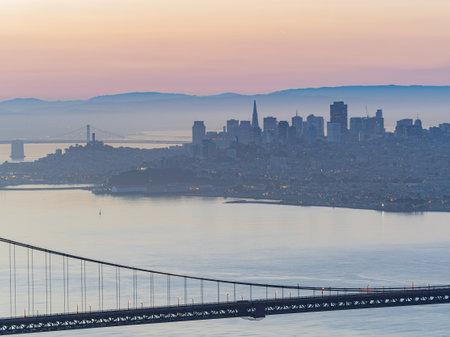 Sunrise landscape of the Golden Gate Bridge at San Francisco, Californiaの写真素材