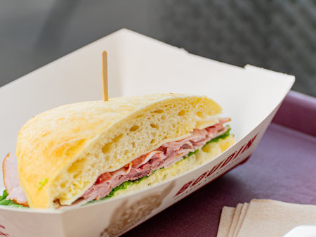 Close up shot of ham and vegetable sandwich at San Francisco, Californiaの写真素材