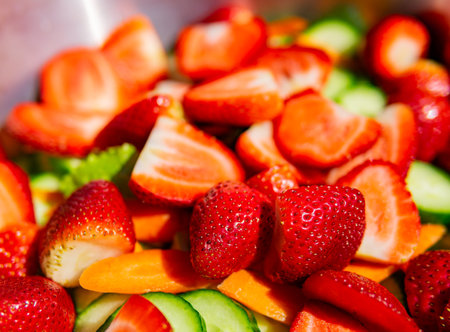 Close up shot of delicious starburries salad at San Francisco, Californiaの写真素材