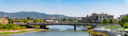 California, AUG 26 2014 - Sunny view of the Napa River Bridge and cityscapeのeditorial素材