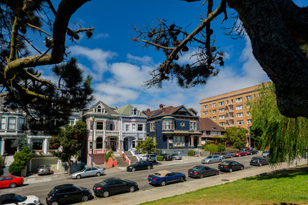 San Francisco, AUG 25 2014 - Sunny view of The Painted Ladiesのeditorial素材
