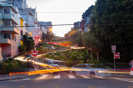 San Francisco, AUG 25 2014 - Twilight view of the famous Lombard Street