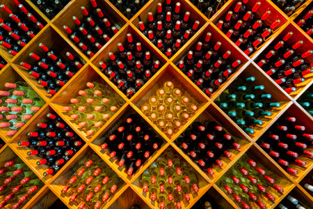 California, AUG 26 2014 - Close up shot of many wine bottle in the Peju Wineryのeditorial素材