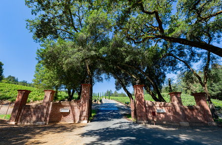 California, AUG 26 2014 - Sunny exterior view of the gate of Castello di Amorosaのeditorial素材