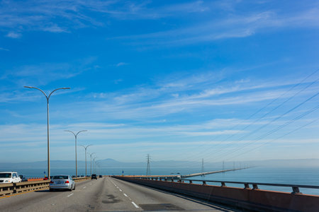San Francisco, MAR 17 2014 - Sunny view of transportation of San Mateo-Hayward Bridgeのeditorial素材
