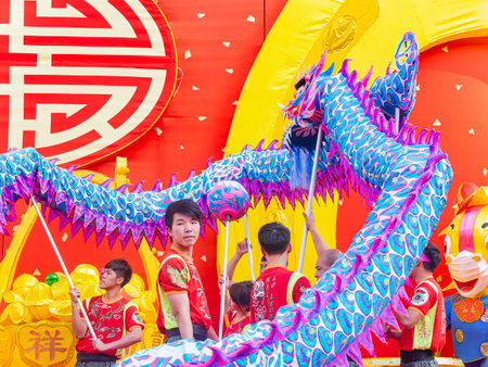 Macao, FEB 2 2014 - Sunny view of the Lion Dance performanceのeditorial素材