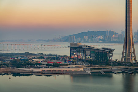 Macao, JAN 31 2014 - Sunset high angle view of the Macau Tower Convention and Entertainment Center and cityscapeのeditorial素材