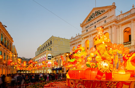 Macao, FEB 1 2014 - Sunset view of the Chinese New Year decorationのeditorial素材