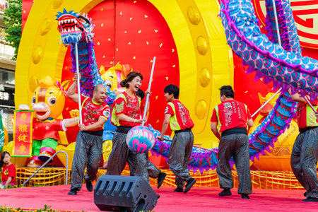Macao, FEB 2 2014 - Sunny view of the Lion Dance performanceのeditorial素材