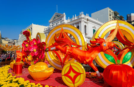 Macao, FEB 2 2014 - Sunny view of the Chinese New Year decoration