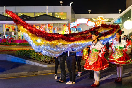 Macao, FEB 2 2014 - Night view of the Lunar New Year celebration paradeのeditorial素材