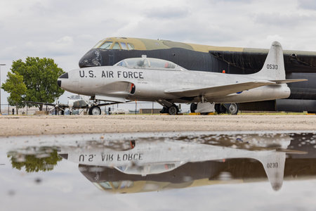 Kansas, SEP 16 2023 - Old US Air Force plane, the Lockheed T-33 show in Aviation Museum