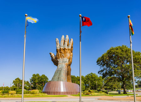 Sunny view of the Praying Hands of Oral Roberts University Oklahomaの写真素材