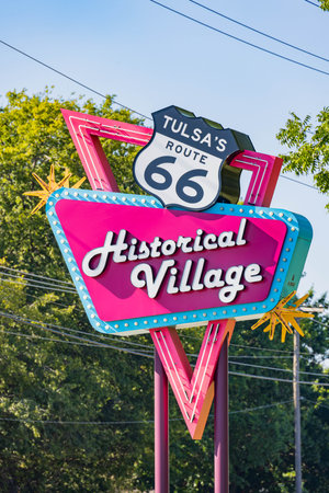 Oklahoma, SEP 25 2023 - Close up shot of the Route 66 Historical Village signのeditorial素材