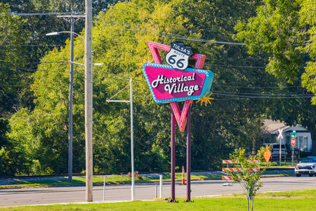 Oklahoma, SEP 25 2023 - Close up shot of the Route 66 Historical Village signのeditorial素材