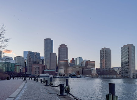 Sunset view of the skyline at Boston, Massachusettsの写真素材