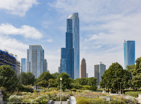 Sunny view of the downtown cityscape at Chicagoの写真素材