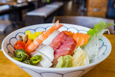 Close up shot of delicious Japanese style chirashi bowl at Illinoisの写真素材