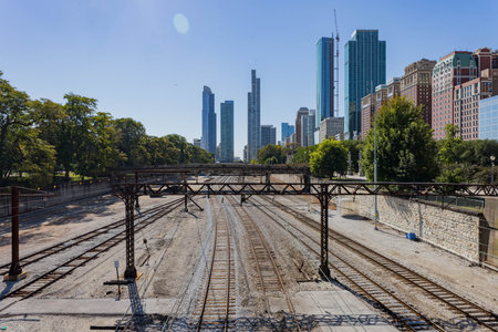 Sunny exterior view of the downtown cityscape with railway at Chicagoの写真素材