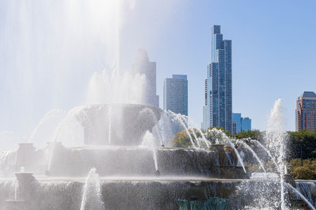 Sunny view of the Clarence F. Buckingham Memorial Fountain at Chicagoの写真素材
